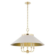 an antique brass chandelier with white shades and gold chain hanging from the ceiling