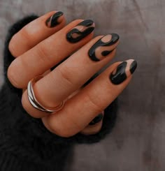 Two Design Nails, Black And White Alternating Nails, Black Simple Design Nails, Edgy Nail Colors, Short Black Nails With Accent Nail, Boho Goth Nails, Witchy Dip Nails, Tomboy Nail Designs, Moody Nails Grunge