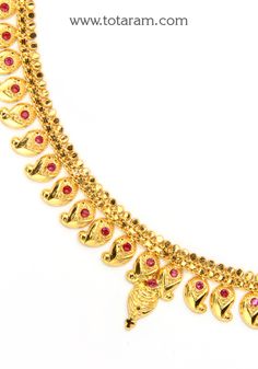 22 Karat Gold Mango Mala with Red Stones
   - 235-GN573 - in 36.400 Grams for USD $2827.19. 
Made in India by Totaram Jewelers Online this product is in Gold - 22 Karat BIS Hallmark 916 KDM Gold  & is an excellent gift for Adult - Women. Ships fully insured with secured guaranteed delivery for free with your order over $250 from New Jersey USA & comes with 30 days exchange policy. Mango Mala, Red Stones, Red Stone, Gifts For Adults, 22k Gold, New Jersey, Hallmark, Statement Necklace, Mango