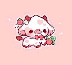 a cute little cow holding some strawberries