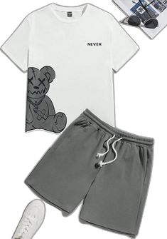 Casual Cartoon Print T-shirt For Loungewear, Casual Character Print T-shirt For Loungewear, Casual T-shirt With Character Print For Loungewear, Co Ords, Bear Print, Men T Shirt, T Shirt And Shorts, Print T Shirt, Two Piece