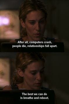 two different scenes from the movie, one with an image of a woman looking at her laptop