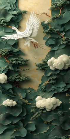 a painting of a white bird flying over trees and clouds in the sky with a gold frame above it