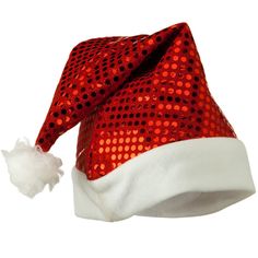 Red Sequin Santa HatMade of 100% polyester.One size fits most, fitting up to 7 1/2. Crown measures 13 inch deep and 11 1/2 inch wide.br />Brim measures 2 1/4 inches wide.Decorated with polka dot red sequins and white pom pom accented on the top of a hat.Thick, soft and warm material.Hand washable only.Imported.Available in different styles and colors. You'll definitely be the flashiest Santa Claus around town with our Red Sequin Santa Hat. Sequins run throughout the hat for a sparkly and shiny l Red Sequin, Costume Hats, White Trim, Santa Hat, Different Styles, Santa Claus, Red And White, Sequin, Pom Pom