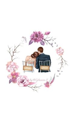 a watercolor painting of two people sitting on a bed with pink flowers and birds around them