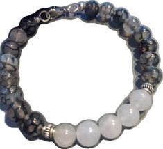 Gray Beaded Bracelet, Casual Silver Bracelets With Gemstone Beads, Silver Casual Bracelet With Faceted Beads, Casual Silver Bracelets With Faceted Beads, Casual Silver Bracelet With Faceted Beads, Casual White Stretch Bracelet With Gemstone Beads, Silver Beaded Casual Bracelet, White Bracelet With Silver Beads, Casual White Beaded Bracelets With Faceted Beads