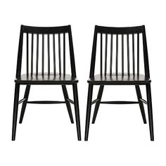 two black wooden chairs with white cushions on the back and seat, side by side