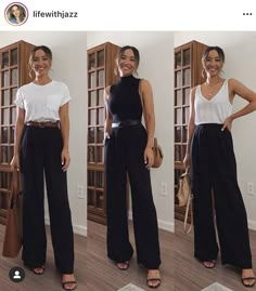 Black Pants And Heels Outfit, Black Formal Trousers Outfit, Black Slacks Women Outfit, Black Wide Leg Slacks Outfit, Black Wide Leg Pants Outfit Work Summer, Outfit Ideas Black Trousers, Black Lenin Pants Outfit, Pantalon Sastrero Outfit Casual, Formal Black Trousers Outfit Women