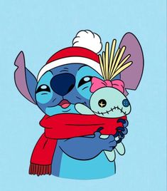 a cartoon character holding a stuffed animal wearing a santa hat and scarf with the caption, stitch