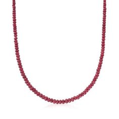 Ross-Simons - 95.00 ct. t. w. Ruby Bead Necklace with Sterling Silver. 20". Beads are back! This full-on trend is fun, colorful and easy-to-wear. This bold 95.00 ct. t. w. ruby rondelle bead necklace with a sterling silver magnetic clasp is the perfect piece to toss on and watch your outfit complete itself! Ruby bead necklace. Ruby birthstones are the perfect gift for July birthdays. Elegant Rondelle Beaded Necklaces With Colorful Beads, Jewelry Presentation, Byzantine Necklace, Necklace Ruby, Ruby Necklace Pendant, Ruby Earrings Studs, Ruby Birthstone, Ruby Bracelet, Ruby Beads