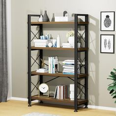 a book shelf with books on it in a living room