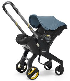 the stroller is black and blue with yellow wheels