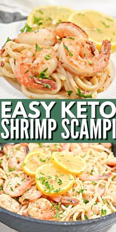 easy keto shrimp scamps in a skillet with lemon slices and parsley