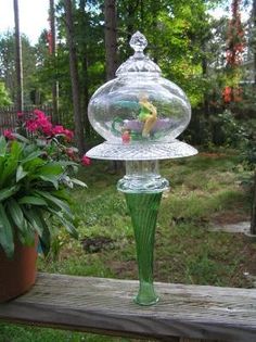 a glass vase sitting on top of a wooden table