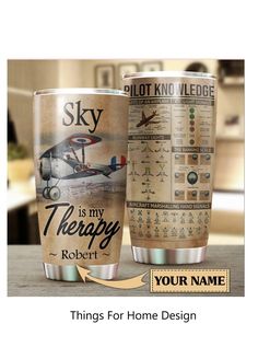 two travel mugs sitting on top of a table next to each other with the words,'things for home design sky is my therapy '