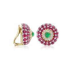 Ross-Simons - C. 1980 Vintage 8.00ct t. w. Ruby, 1.32ct t. w. Diamond, .80ct t. w. Emerald Checkerboard Earrings. C. 1980. Glamorous and attention-grabbing, these compelling Estate collection earrings offer a bold gemstone look that will become the focal point of your outfit! Here, .80 ct. t. w. round emerald cabochons glow amid a gorgeous 8.00 ct. t. w. round ruby and 1.32 ct. t. w. round brilliant-cut diamond checkerboard design. Finely crafted in polished 18kt yellow gold. Clip/post, diamond, Fine Jewelry Multi-stone Round Diamond Earrings, Formal Multi-stone Round Earrings, Fine Jewelry Round Diamond Clip-on Earrings, Fine Jewelry Round Clip-on Diamond Earrings, Round Clip-on Diamond Earrings Fine Jewelry, Fine Jewelry Diamond Clip-on Earrings, Anniversary Multi-stone Round Earrings, Round Multi-stone Earrings For Anniversary, Anniversary Multi-stone Earrings