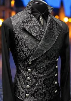 CAVALIER VEST - BLACK EDWARDIAN BROCADE – Shrine of Hollywood Gothic Prom Suit, Gothic Tuxedo, Gothic Fitted Vest For Costume, Black Gothic Costume Vest, Edwardian Fashion Male, Modern Edwardian Fashion, Mens Victorian Fashion, Edwardian Mens Fashion, Luxury Fitted Steampunk Vest