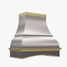 an image of a stainless steel range hood with gold trimmings on the sides