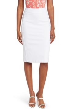 This solid pencil skirt is a work staple. 25" length (size S) Solid Pencil shape Pull-on 67% rayon, 28% nylon, 5% spandex Machine wash cold Tumble dry low Imported Model stats: 5'10", 32" bust, 25" waist, 36" hip. Model is wearing size S. Spring Office Skirt Made Of Elastane, Summer Office Wear Fitted Pencil Skirt, Modern Fitted Skirt For Office, Fitted Pencil Skirt For Summer Office Wear, Fitted Lined Bottoms For Workwear, Fitted Elastane Pencil Skirt For Workwear, Fitted Lined Skirt For Work, Summer Formal Stretch Pencil Skirt, Short Length Pencil Skirt For Office