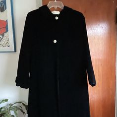 Beautiful Velvet Coat With Rhinestone Buttons (Missing Middle Button). Vintage Black Outerwear With Buttons, Classic Vintage Black Winter Outerwear, Vintage Black Long Sleeve Outerwear For Winter, Retro Collared Formal Outerwear, 1950s Style Long Sleeve Vintage Outerwear, 1950s Long Sleeve Vintage Outerwear, 1950s Vintage Style Long Sleeve Outerwear, 1950s Vintage Long Sleeve Outerwear, Retro Collared Outerwear For Formal Occasions