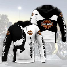 a white and black jacket with an image of the harley davidson motorcycle logo on it