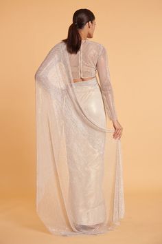 Ivory saree in crystal mesh and tencel georgette base. Comes with a blouse. - Aza Fashions Ivory Saree, High Neck Blouse, Mesh Blouse, Set For Women, Aza Fashion, High Neck, Saree, Mesh, For Women