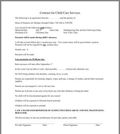 a child care service agreement is shown in this file, with the following instructions for it