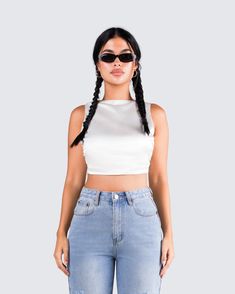 Ayanna White Satin Backless Top – FINESSE Chic Satin Backless Top, White Fitted Crop Top For Party, Stretch Satin Crop Top For Night Out, Satin Backless Crop Top For Night Out, Backless Satin Crop Top For Night Out, Satin Cropped Halter Top, Chic Satin Stretch Crop Top, Trendy Satin Crop Top, Trendy Backless White Crop Top