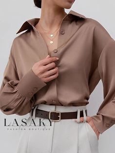 Lasaky - Exquisite Blouse with Lantern Sleeves and Shirt Collar Elegant Brown Tops With Collar, Elegant Brown Collared Blouse, Elegant Brown Collared Tops, Elegant Brown Office Shirt, Elegant Brown Button-up Blouse, Elegant Brown Blouse With Buttons, Elegant Brown Tops With Buttons, Elegant Brown Long Sleeve Tops, Elegant Long Sleeve Brown Top