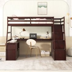 a bunk bed with desk underneath it in a room that has white carpet and beige walls