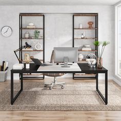 an office area with a desk, shelves and bookshelves