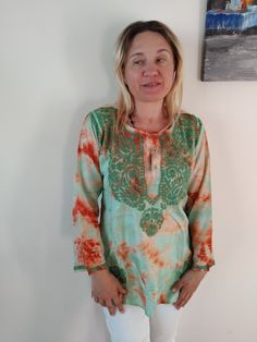 One of a kind Hand embroidered silk tunic Traditional Green V-neck Tunic, Fitted Silk Kaftan For Spring, Silk V-neck Top With Embroidery, Summer Multicolor Embroidered Straight Kurta, Summer Straight Kurta Dress With Multicolor Embroidery, Silk V-neck Tunic For Summer, Green Silk Vacation Tops, Green Silk Tops For Vacation, Green Bohemian Straight Kurta Tunic