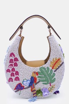 Cream and multi color clutch style bag crafted in satin with all over enchanted garden embroidery using multi colored beads embellishments and sequin-beads tassels detailing. Comes with a detachable shoulder handle made with leather. - Aza Fashions Unique Hand Bags, Haitian Fashion, Purse Wishlist, Punch Needle Bag, Fancy Clutch Purse, Women's Purses, Painted Purses, Hand Painted Purses, Dimensional Embroidery