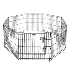 a black wire dog pen with the door open and one side closed, on a white background