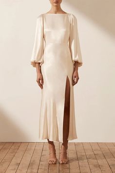 La Lune Balloon Sleeve Backless Midi Dress | Cream | Dresses | Shona Joy – Shona Joy International Cream Satin Dress Long Sleeve, Luxury Cream Gown For Festive Occasions, Cream Long Sleeve Silk Dress, Longsleeve Midi Wedding Dress, Cream Dress Sleeve, Cream Modest Bridesmaid Dresses, Shona Joy La Lune, Shona Joy Dress, Backless Midi Dress