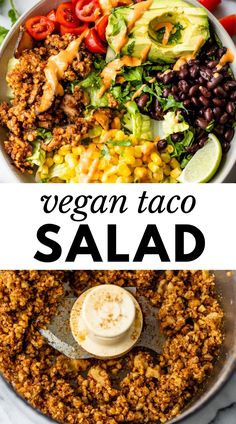 vegan taco salad in a bowl with dressing