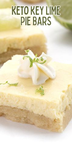 two pieces of key lime pie on a white surface with the words keto key lime pie bars