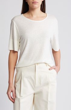 A relaxed, oversized fit lends to the laid-back style of this slub-knit linen and cotton T-shirt that pairs perfectly with your off-duty look. 25" length (size Medium) Crewneck Short sleeves 55% linen, 45% cotton Hand wash, line dry Imported Everyday White Linen T-shirt, Neutral Relaxed Fit Crew Neck T-shirt, Relaxed Fit Linen T-shirt, Beige Casual Linen T-shirt, Casual Beige Linen T-shirt, Classic Linen T-shirt For Summer, Classic Cream Linen Top, Cream Effortless Relaxed Fit Tops, Everyday Relaxed Linen T-shirt