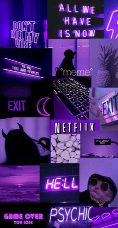 a collage of neon text and photos