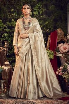 Shop for Ranian Beige Silk Tissue Lehenga Set for Women Online at Aza Fashions Sangeet Dress, Tissue Lehenga, Haldi Outfit, Embroidered Crop Tops, Beige Silk, Drape Saree, Lehenga Blouse, Indian Dress, Wedding Prep