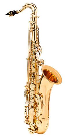 a gold saxophone is shown against a white background