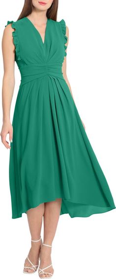 Maggy London V-Neck Ruffled A-Line Midi Dress | Nordstromrack Modest Knee-length Ruched Midi Dress, Green V-neck Dress With Pleated Waist, Solid Ruched Midi Dress, Bridesmaid Midi Dress With Ruffles, Chiffon Midi Bridesmaid Dress, Chiffon Midi Dress For Bridesmaids, Green Ruched Midi Dress, Solid Color Knee-length Dress With Ruched Bodice, Solid Knee-length Dress With Ruched Bodice