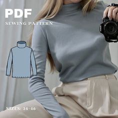 a woman in grey shirt and beige pants holding a camera with the text sewing pattern on it