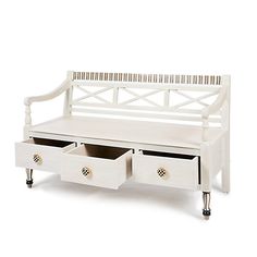 a white bench with two drawers on the bottom and an open drawer underneath it for storage