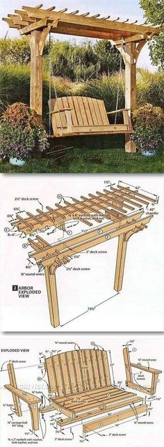 the plans for an outdoor swing bench are shown in two different views, one is made out of wood