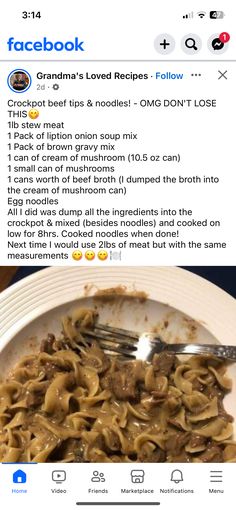 a white plate topped with pasta covered in gravy next to a facebook post