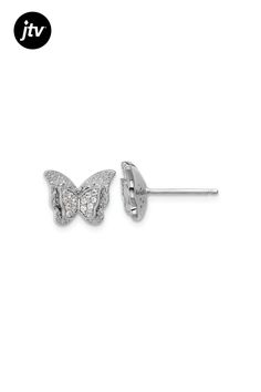 Rhodium over sterling silver polished butterfly stud earrings with cubic zirconia stones. Measures approximately 5/16"L x 7/16"W and have friction post and push back closure. Butterfly Stud Earrings, Butterfly Earrings Stud, Post Earrings, Cubic Zirconia, Stud Earrings, Sterling Silver, Stone, Silver