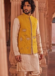 Mustard Yellow Applique Nehru Jacket Set Contrast By Parth - Fabilicious Fashion Stylish Wedding Guest Outfit, Beige Kurta, Kurta And Pants, Kaftan Kurta, Kurta Lehenga, Prince Coat, Haldi Outfits, Haldi Outfit, Waistcoat Woman