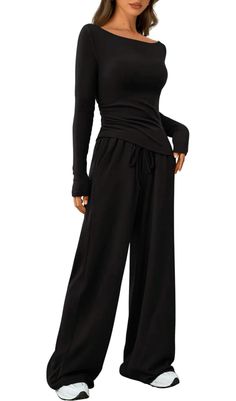 loungewear pajamas set Comfortable Black Loungewear Bottoms, Black Sleep Sets With Long Pants, Black Lounge Sets With Pockets, Black Long Sleeve Loungewear Pant Set, Black 4-way Stretch Pants For Loungewear, Casual Fits, Casual Pants, Pajama Set