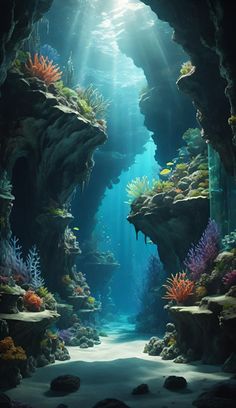 an underwater scene with rocks and plants